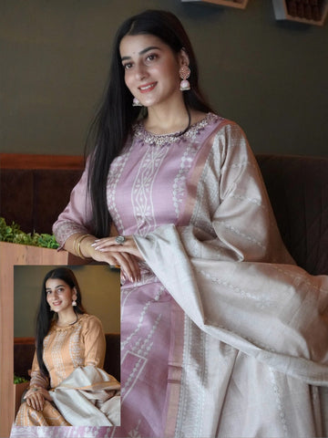 Pretty Pink Soft Tussar A-Line Ready to Wear Kurti Set Geetha Creation